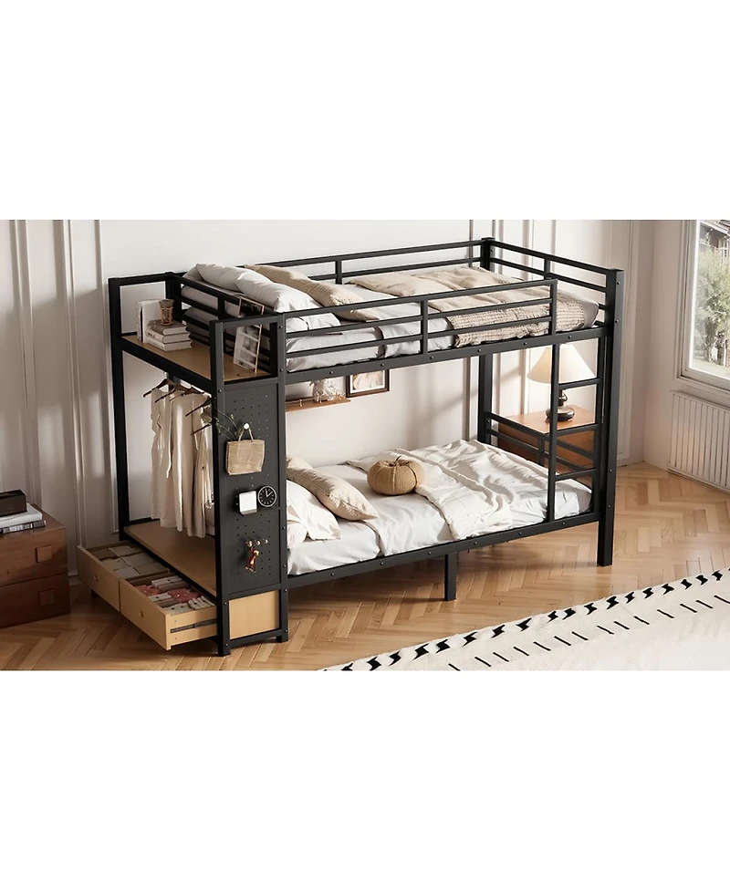Streamdale Furniture Twin Xl Twin Xl Metal Bunk Bed with Storage, Drawers, and Pegboard