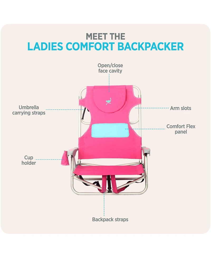 Ostrich Ladies Comfort Backpacker, Outdoor Beach Pool Reclining Chair, Pink