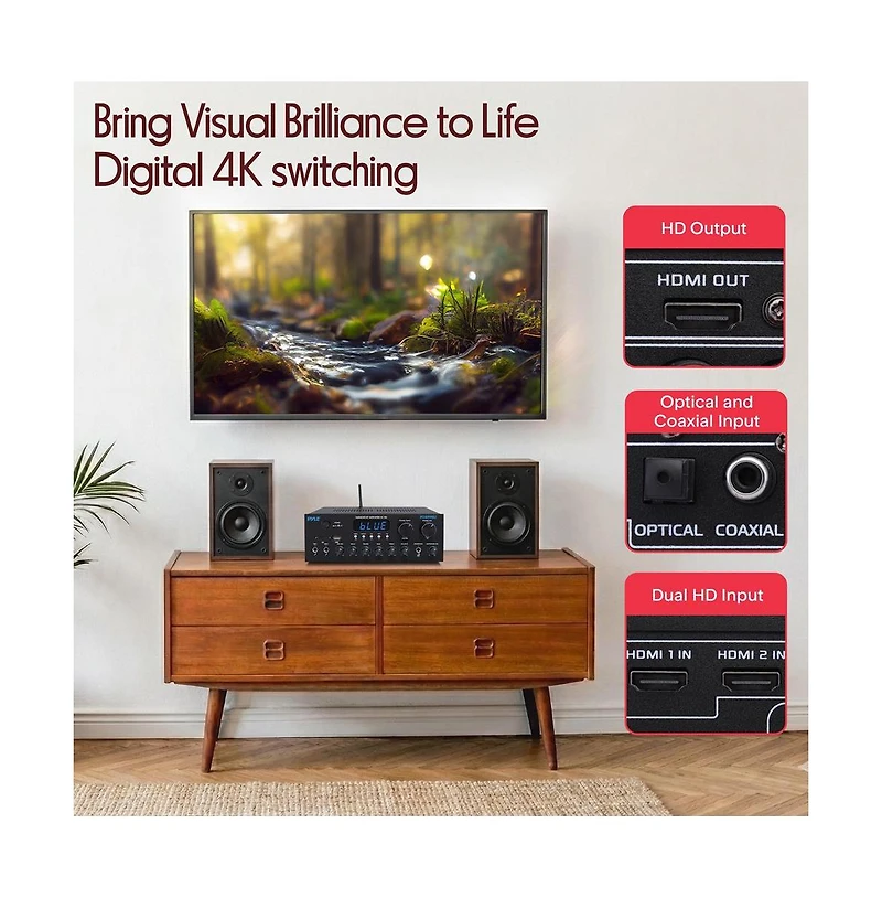 Pyle Hifi Wireless Bluetooth Streaming Amplifier With Hdmi In/Out, Optical/Coaxial, Fm Radio, Usb/Sd, Aux, 300 Watt