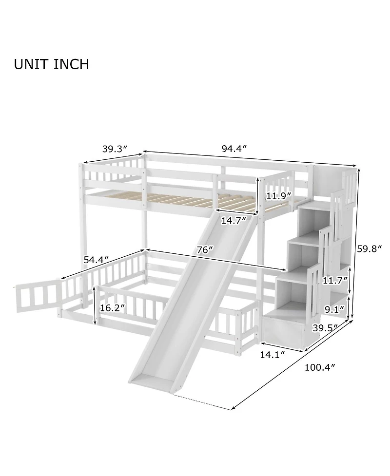 Streamdale Furniture Twin Over Full Bunk Bed with Slide and Storage Staircase
