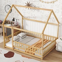 Streamdale Furniture Full Size House Floor Wooden Bed with Roof Frame, Safety Guardrails
