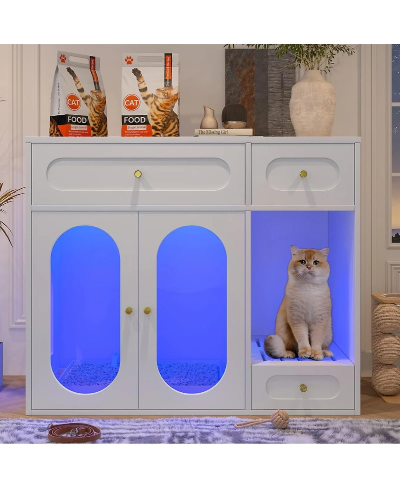 Streamdale Furniture Cat Litter Box Enclosure With Led Light, Storage Drawers, And Acrylic Doors