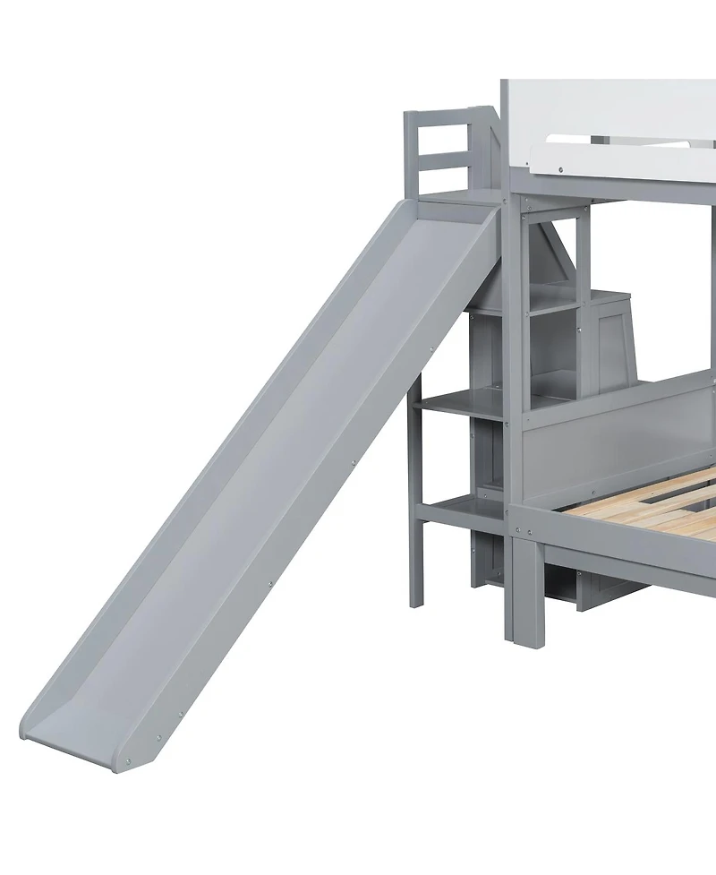 Streamdale Furniture House-Shaped Twin/Full Bunk Bed with Slide, Storage Stairs