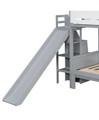 Streamdale Furniture House-Shaped Twin/Full Bunk Bed with Slide, Storage Stairs