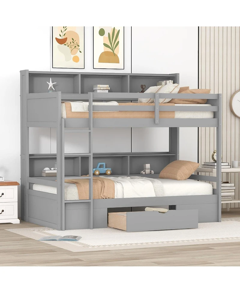Streamdale Furniture Twin Bunk Bed with Built-in Shelves and Storage Drawer
