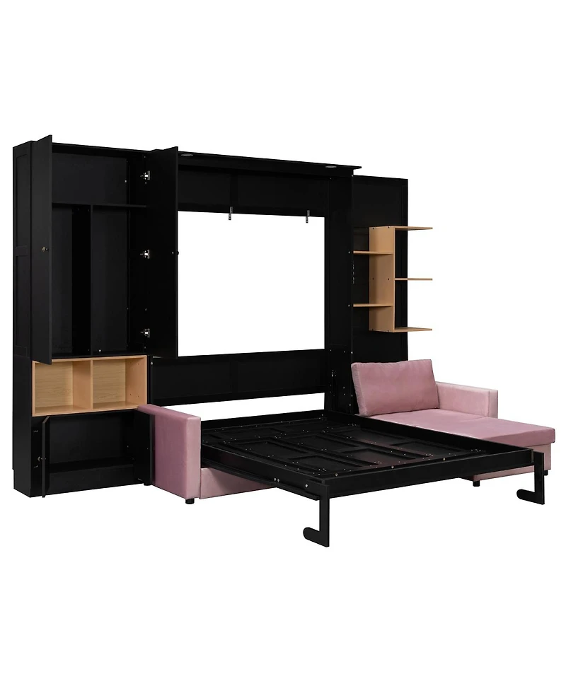 Streamdale Furniture Queen Size Murphy Bed With Sofa, Storage And Lights