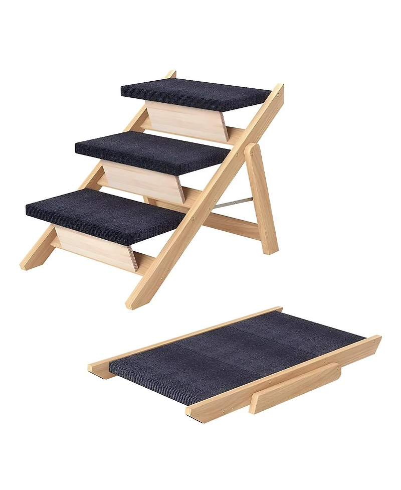 Streamdale Furniture 2-In-1 Foldable Wooden Pet Stairs And Ramp for Dogs And Cats, 3 Steps