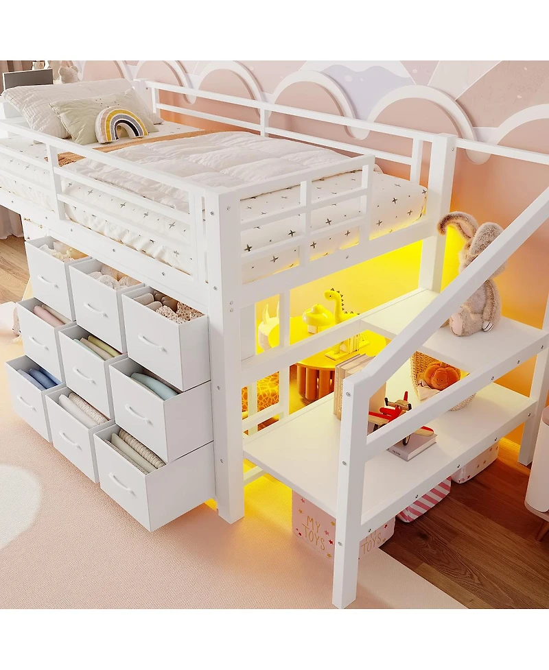 Streamdale Furniture Twin Low Loft Bed with Storage Stairs, Fabric Drawers, and Shelves