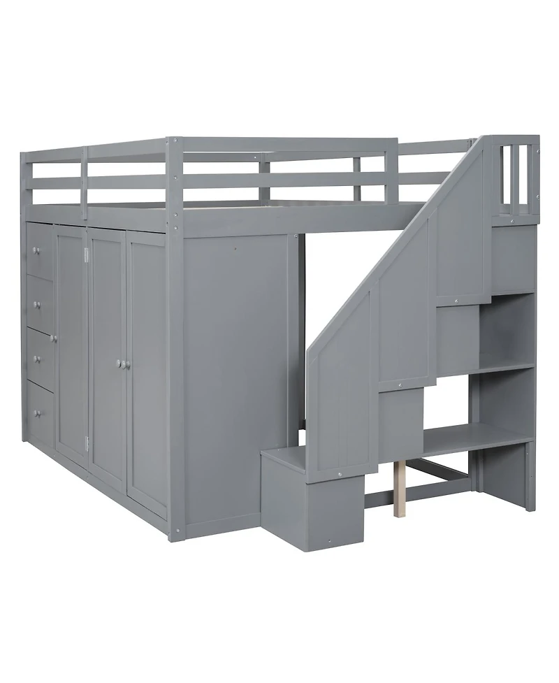 Streamdale Furniture Full Size Wood Loft Bed With Built-in Wardrobes, Cabinets and Drawers