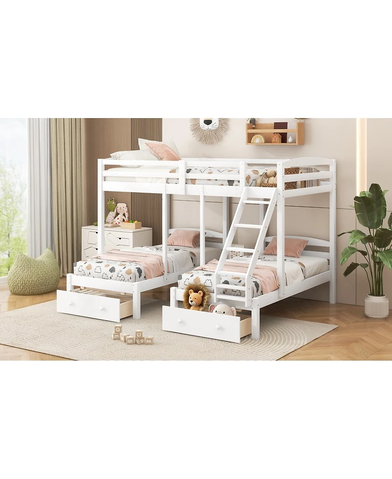 Streamdale Furniture Full over Twin and Twin Bunk Bed,Triple Bunk Bed with Drawers