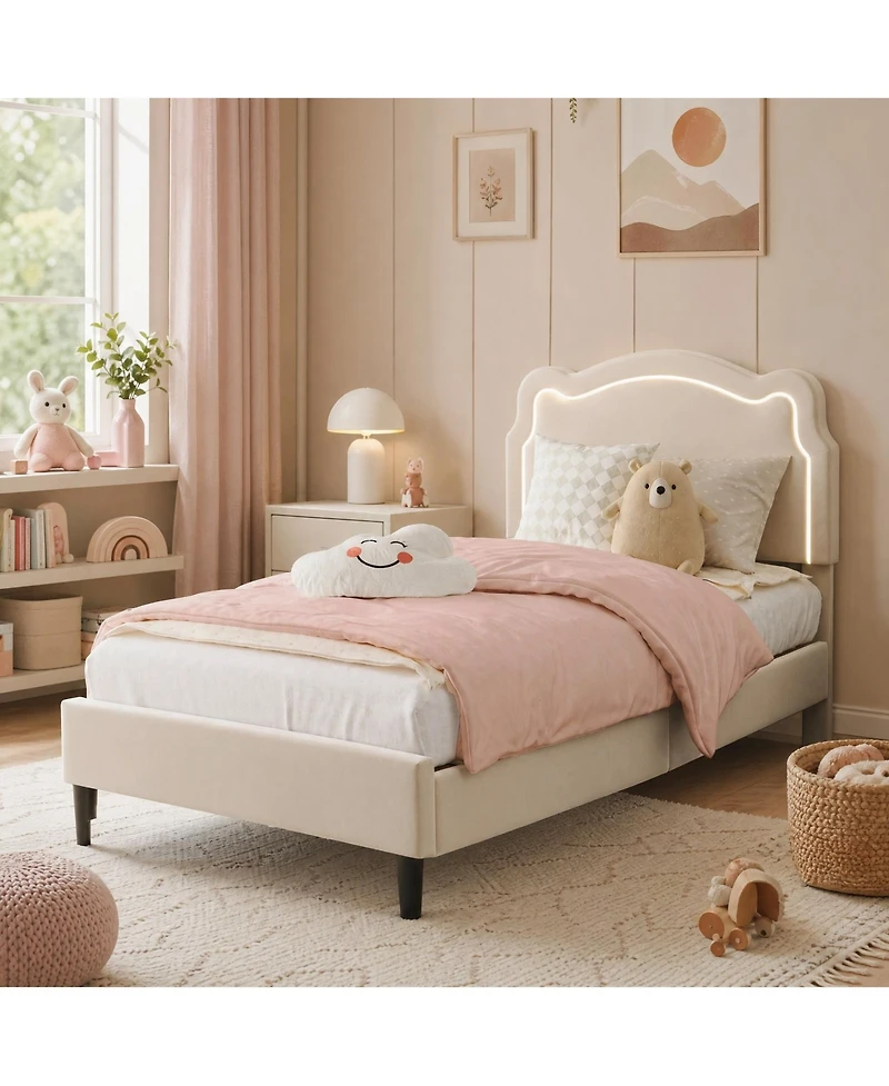 homfan Kids Upholstered Platform Bed with Bear-Shaped Adjustable Headboard and Rgb Led Lights, App/Remote Control, No Box Spring Needed