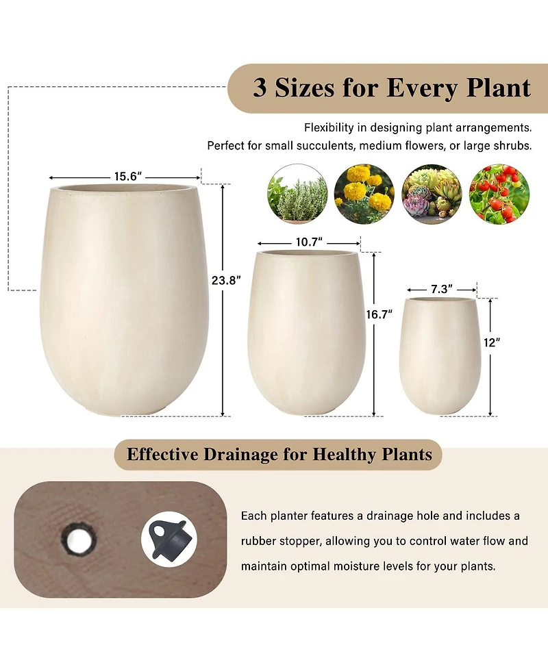 Asagikoiai 3-Piece Mgo Planter Set with Drainage Holes, Outdoor Decorative Flower Pots