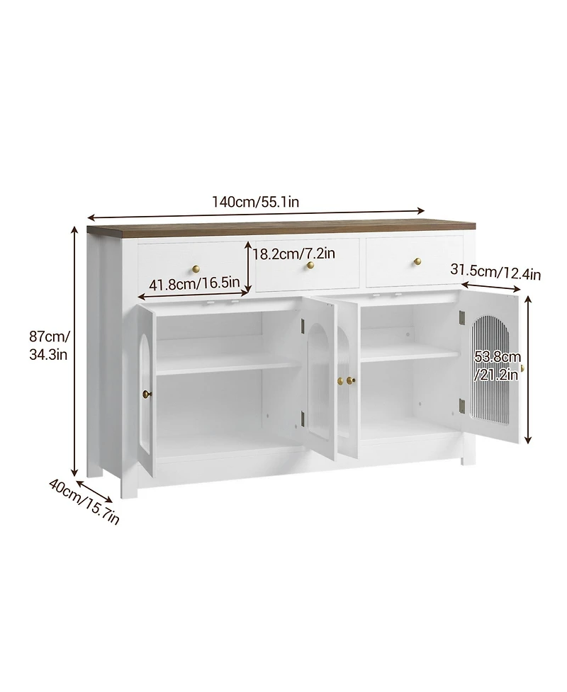 homfan Farmhouse Sideboard Buffet Cabinet with Fluted Acrylic/Glass Doors, Shelves, Multi-Drawer Storage for Kitchen, Entryway or Media Console
