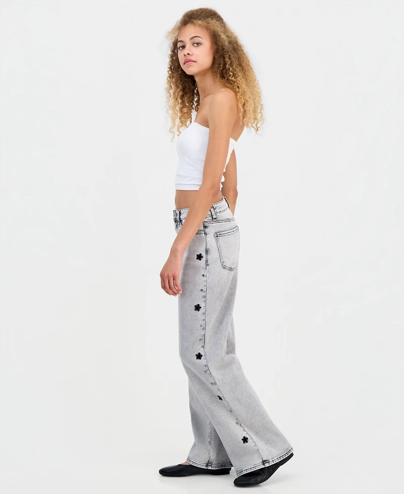 Madden Girl Juniors' Star Stud Mid Rise Wide Leg Jeans