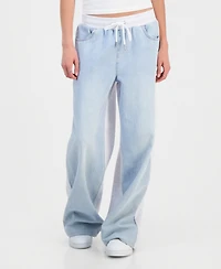Madden Girl Juniors' Mixed-Media Wide-Leg Sweatpant Jeans