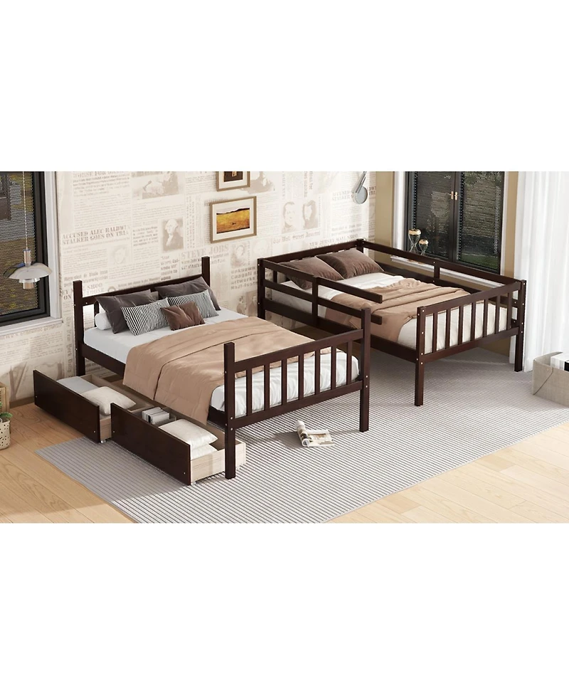 Streamdale Furniture Twin Over Twin Rubber Wood Bunk Bed with 2 Drawers, Convertible to 2 Twin Beds