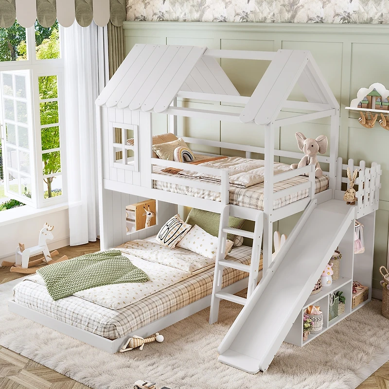 Streamdale Furniture Twin over Full House Bunk Bed with Slide, Storage, and Wardrobe