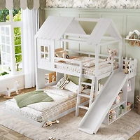 Streamdale Furniture Twin over Full House Bunk Bed with Slide, Storage, and Wardrobe