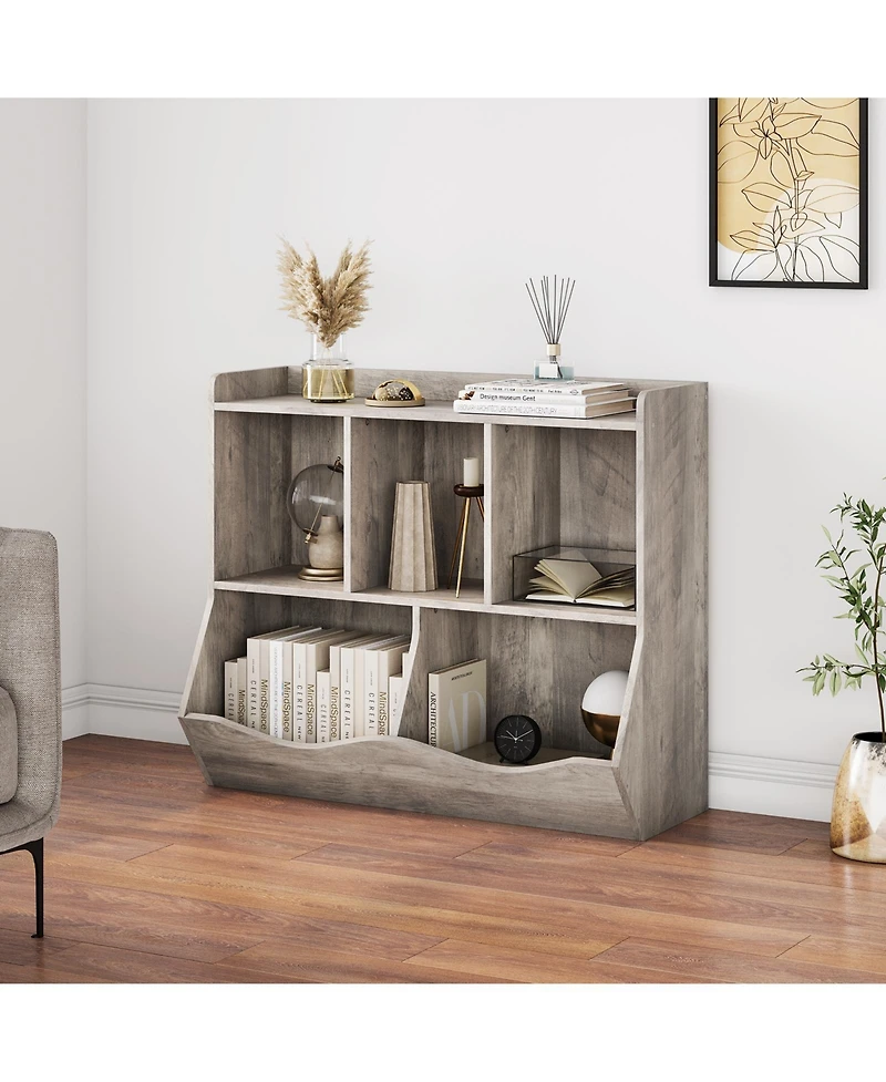 homfan Kids Toy and Book Storage Organizer with Open Compartments and Tiltable Bins, Two-Tier Bookshelf with Anti-Tip Safety, Easy Assembly