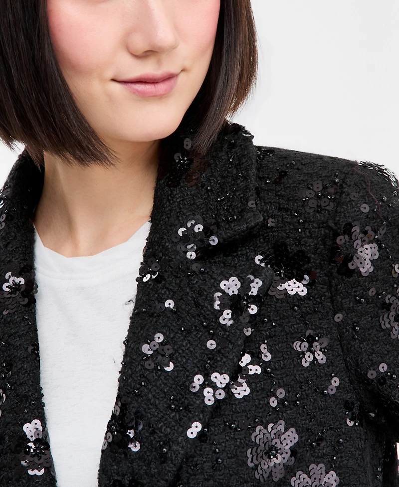 CeCe Women's Sequin Floral Notch-Collar Coat, Created for Macy's