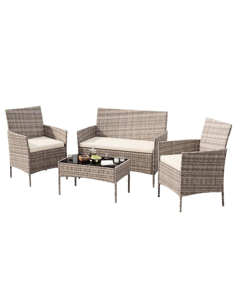 homfan Patio Furniture Set 4 Piece Outdoor Conversation Set, All Weather Wicker Rattan Chairs with Cushions and Glass Top Storage Coffee Table
