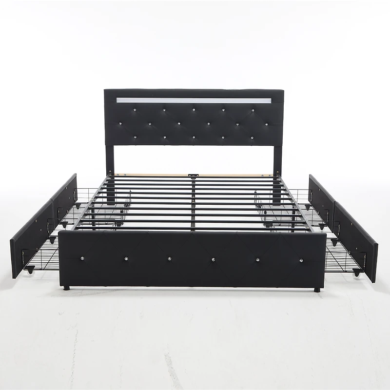 Streamdale Furniture Bed Frame with Led Lights, 4 Storage Drawers and Charging Station