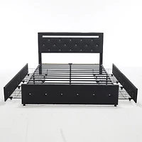 Streamdale Furniture Bed Frame with Led Lights, 4 Storage Drawers and Charging Station