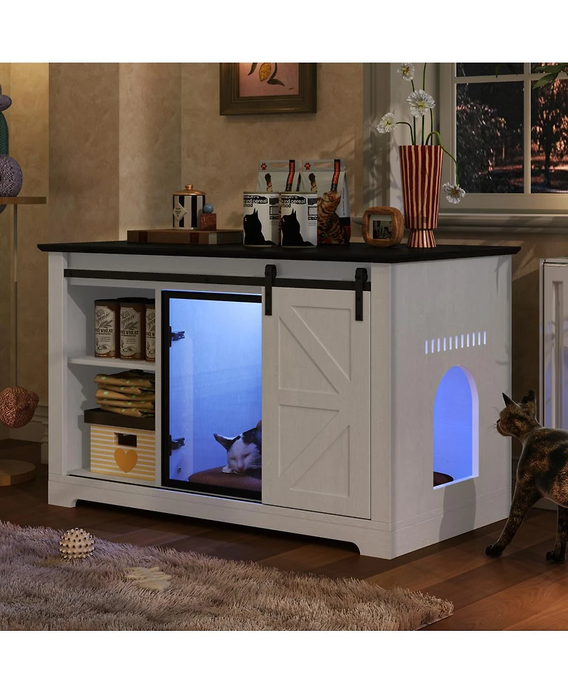 Streamdale Furniture 46" Farmhouse Cat Litter Box Enclosure with Sliding Barn Door and Led Light
