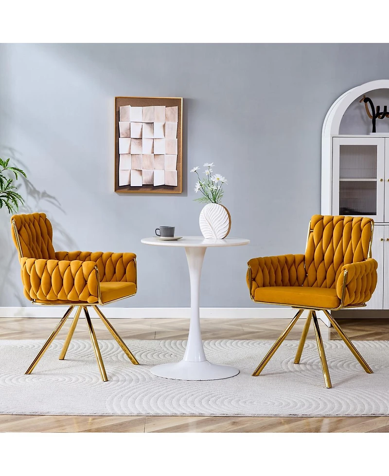 Streamdale Furniture Set of 2 Modern Velvet Braided Dining Chairs with Gold Legs