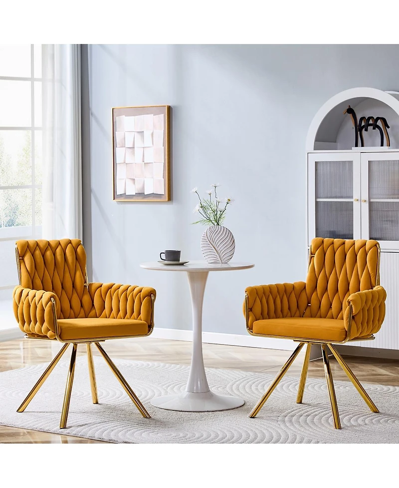 Streamdale Furniture Set of 2 Modern Velvet Braided Dining Chairs with Gold Legs