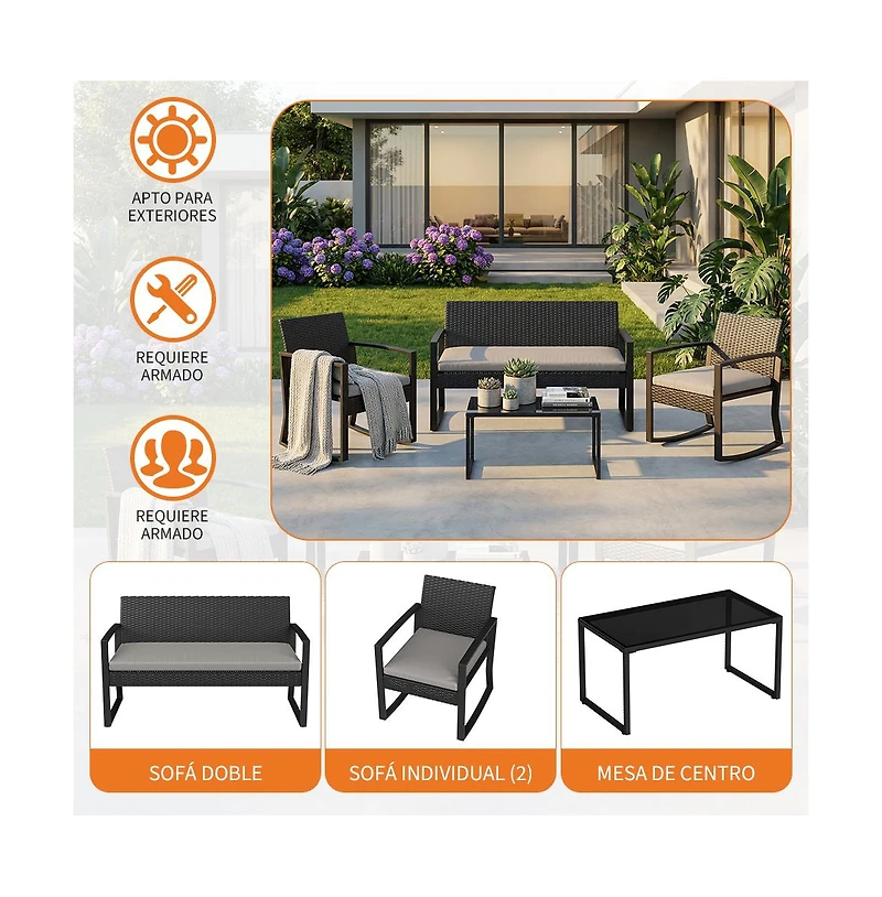 homfan 4 Piece Patio Furniture Set, Pe Rattan Outdoor Rocking Chair Conversation Set with Coffee Table, Wicker Table and Chairs