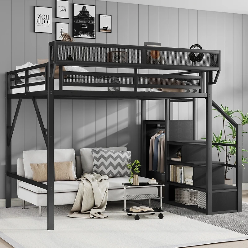 Streamdale Furniture Metal Loft Bed with Stairs, Storage Shelves, and Wardrobe