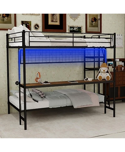 Streamdale Furniture Metal Bunk Bed with Desk and Led Lights