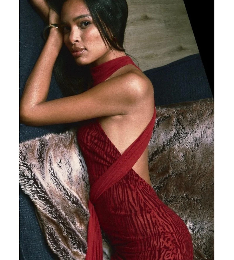 Miss Circle Women's Cerise Scarlet Burnout Velvet Multiwear Mesh Ribbon Maxi Dress