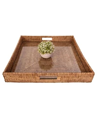Artifacts Trading Company Rattan Square Serving Ottoman Trays with Glass Insert