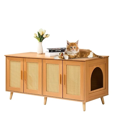 6thdruple Cat Litter Box Enclosure, Natural Wooden Furniture Cabinet with Rattan Doors, Hidden for 2 Cats