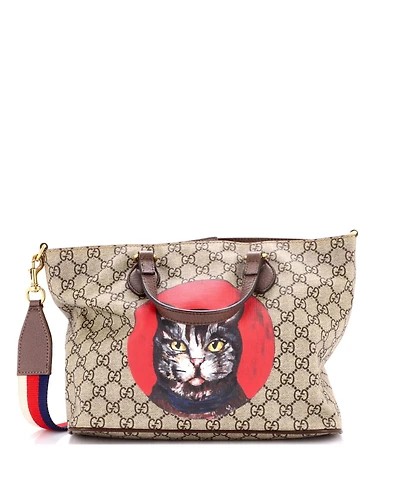 Pre-Owned Gucci Small Convertible Soft Tote Mystic Cat Print Gg Coated Canvas