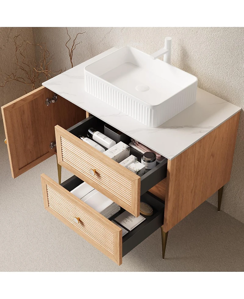 Sillysis Modern Bathroom Vanity with Rectangular Ceramic Sink, Oak Striped Texture, 2 Drawers and 1 Door