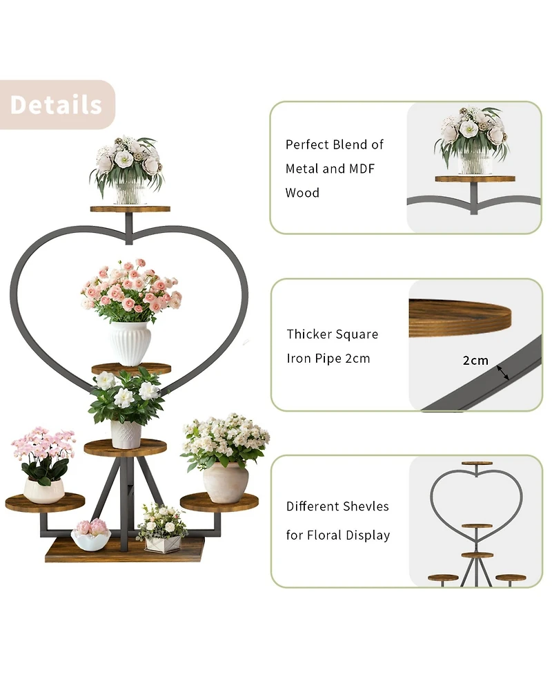 Unho Heart Shaped 8-Pot Plant Stand, Sturdy Metal Wood Indoor Display Rack