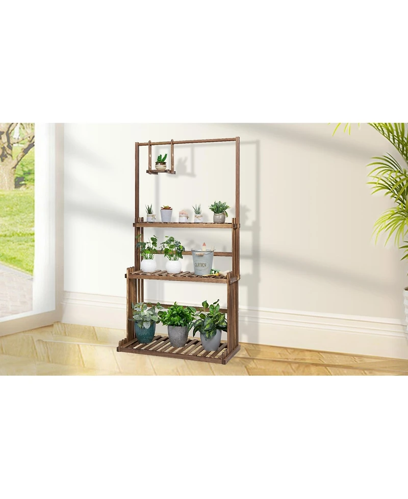 Unho 4-Tier Solid Pine Plant Stand with Drainage, Indoor Outdoor Flower Shelf