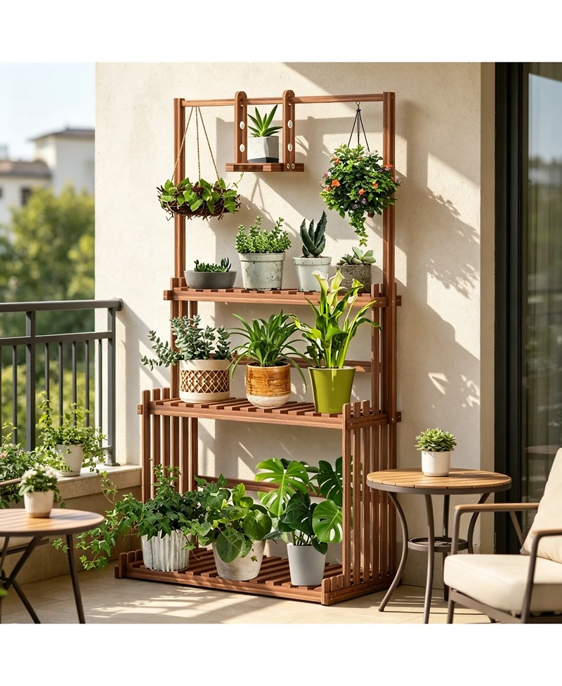 Unho 4-Tier Solid Pine Plant Stand with Drainage, Indoor Outdoor Flower Shelf