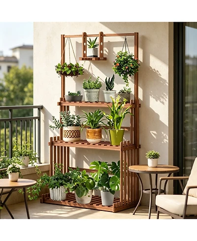 Unho 4-Tier Solid Pine Plant Stand with Drainage, Indoor Outdoor Flower Shelf