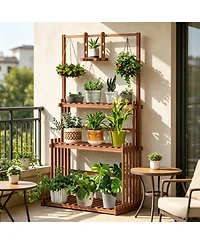 Unho 4-Tier Solid Pine Plant Stand with Drainage, Indoor Outdoor Flower Shelf
