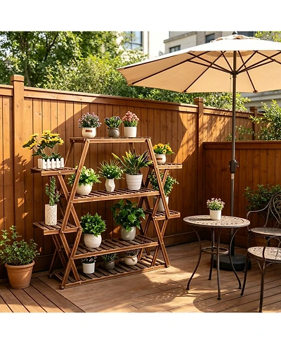 Unho Multi-Tier Solid Pine Plant Stand, Sturdy Triangular Stable Decorative Flower Rack for Home Decor