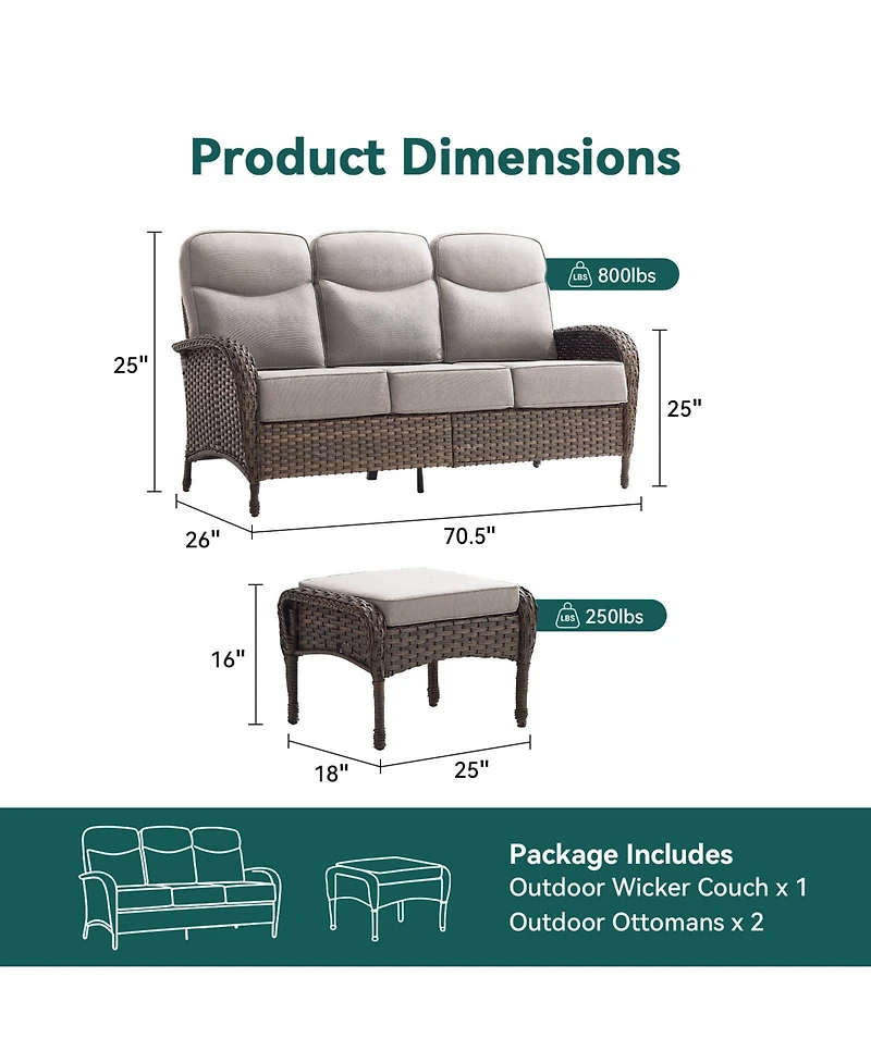Pocassy Pieces Patio Furniture Set All-Weather Outdoor Wicker Conversation Sofa Seating with Cushion and Ottoman for Porch