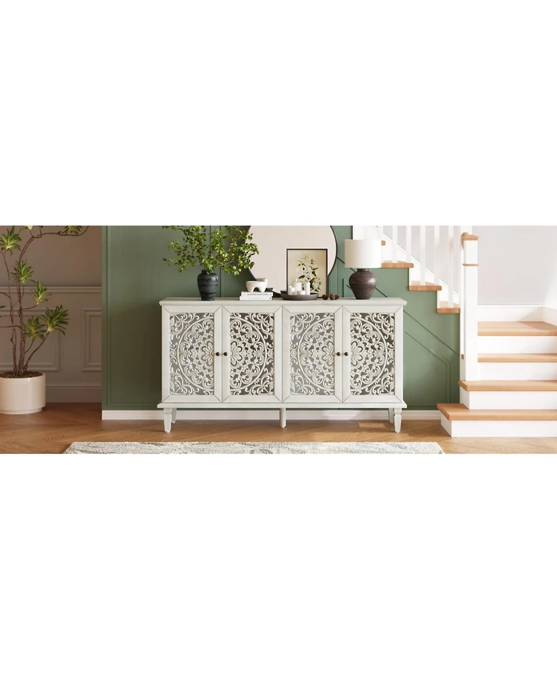 Streamdale Furniture 60inch Antique Buffet Cabinet - Floral Carvings, Adjustable Shelves