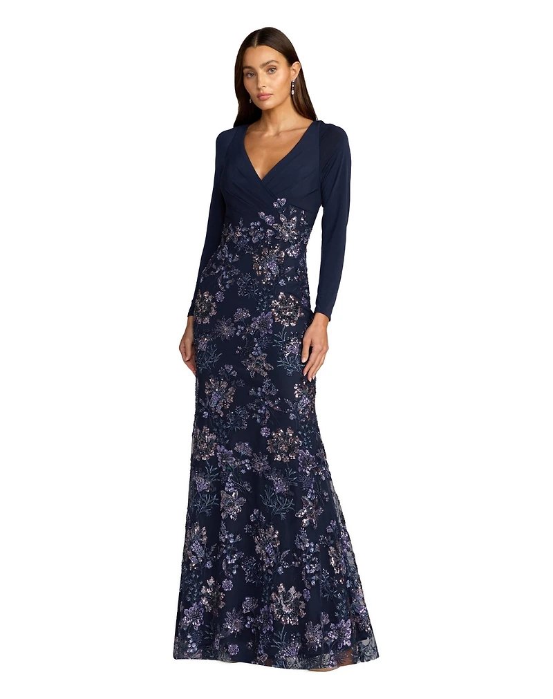 Mac Duggal Women's Floral Embroidered Jersey Long Sleeve Gown