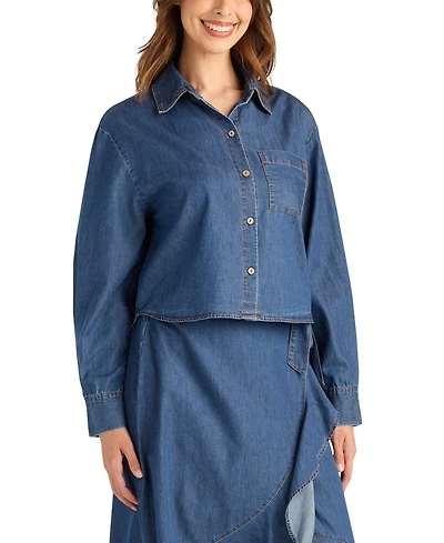 Bcx Women's Denim Long-Sleeve Collared Crop Top