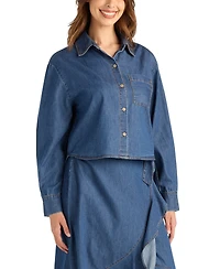 Bcx Women's Denim Long-Sleeve Collared Crop Top