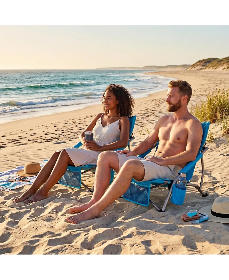 gaomon 2 Piece Portable Folding Low Beach Chair with Cup Holder, Storage Pocket for Camping, Beach, Travel
